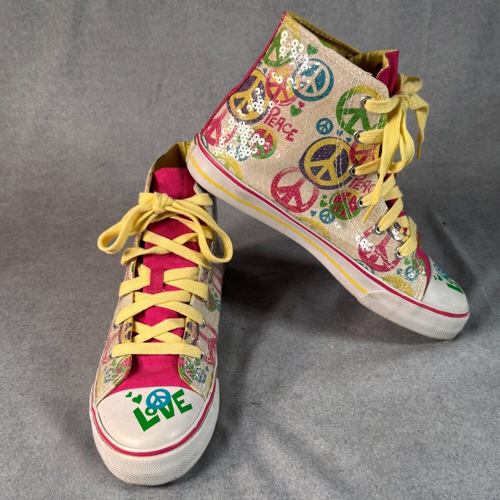 Vintage Justice Peace Sign Sequin High Top Sneakers Junior Size 7 Y2K Retro